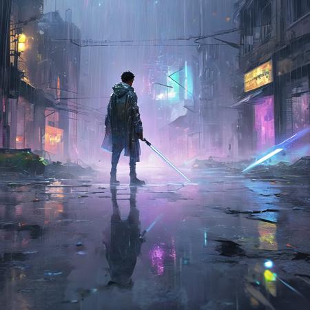 02055-3515115881-1man wear holographic clothing,(a dilapidated city_0.8),(a foggy and rainy night_0.8),holding a laser sword,(black_cloud_0.5),(t.png